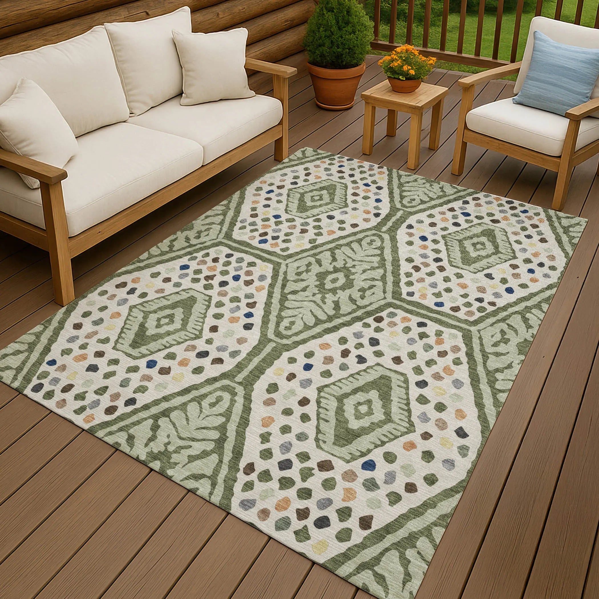 3' X 5' Sage And Beige Tribal Washable Indoor Outdoor Area Rug Homeroots Outdoor
