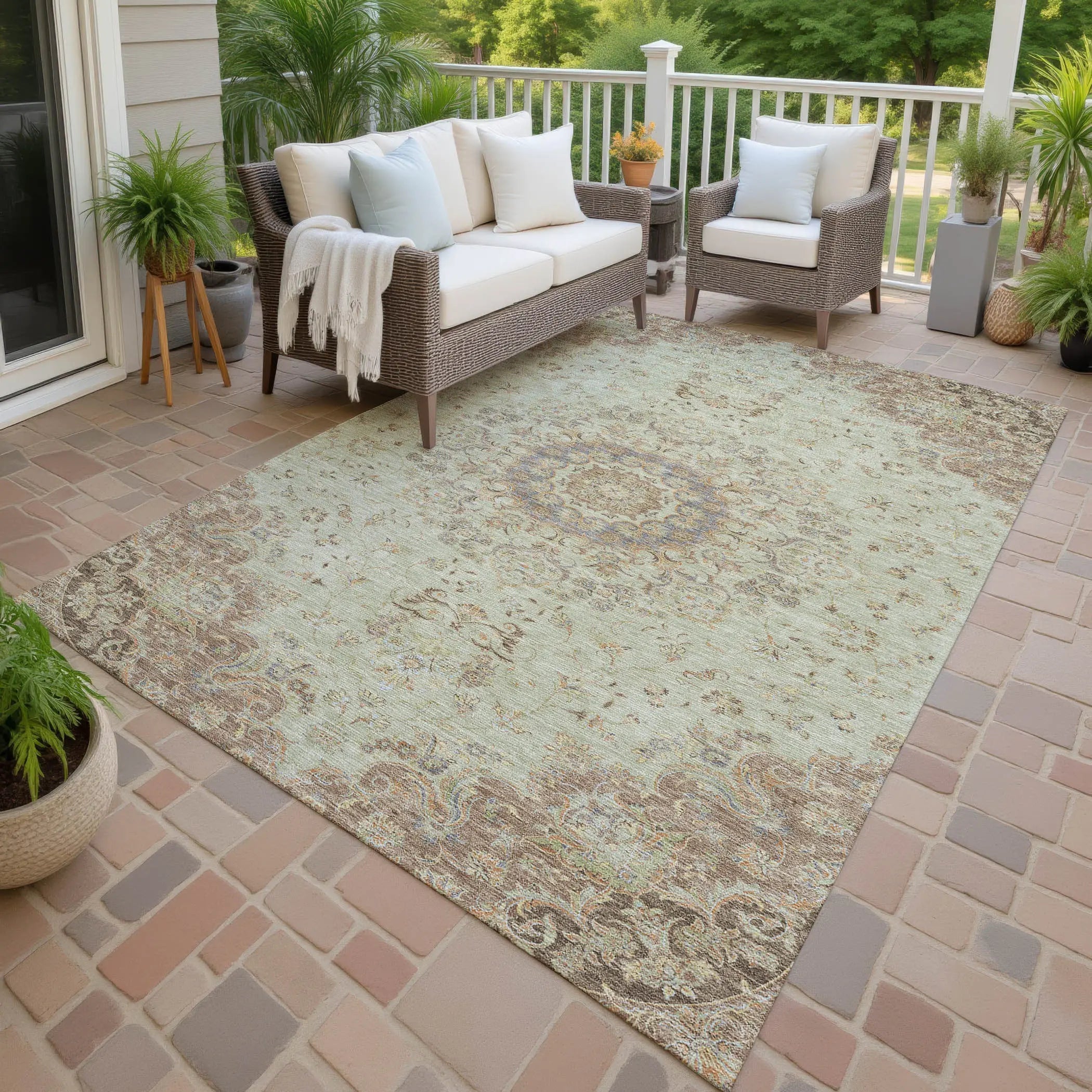 3' X 5' Sage And Brown Floral Medallion Washable Indoor Outdoor Area Rug Homeroots Outdoor