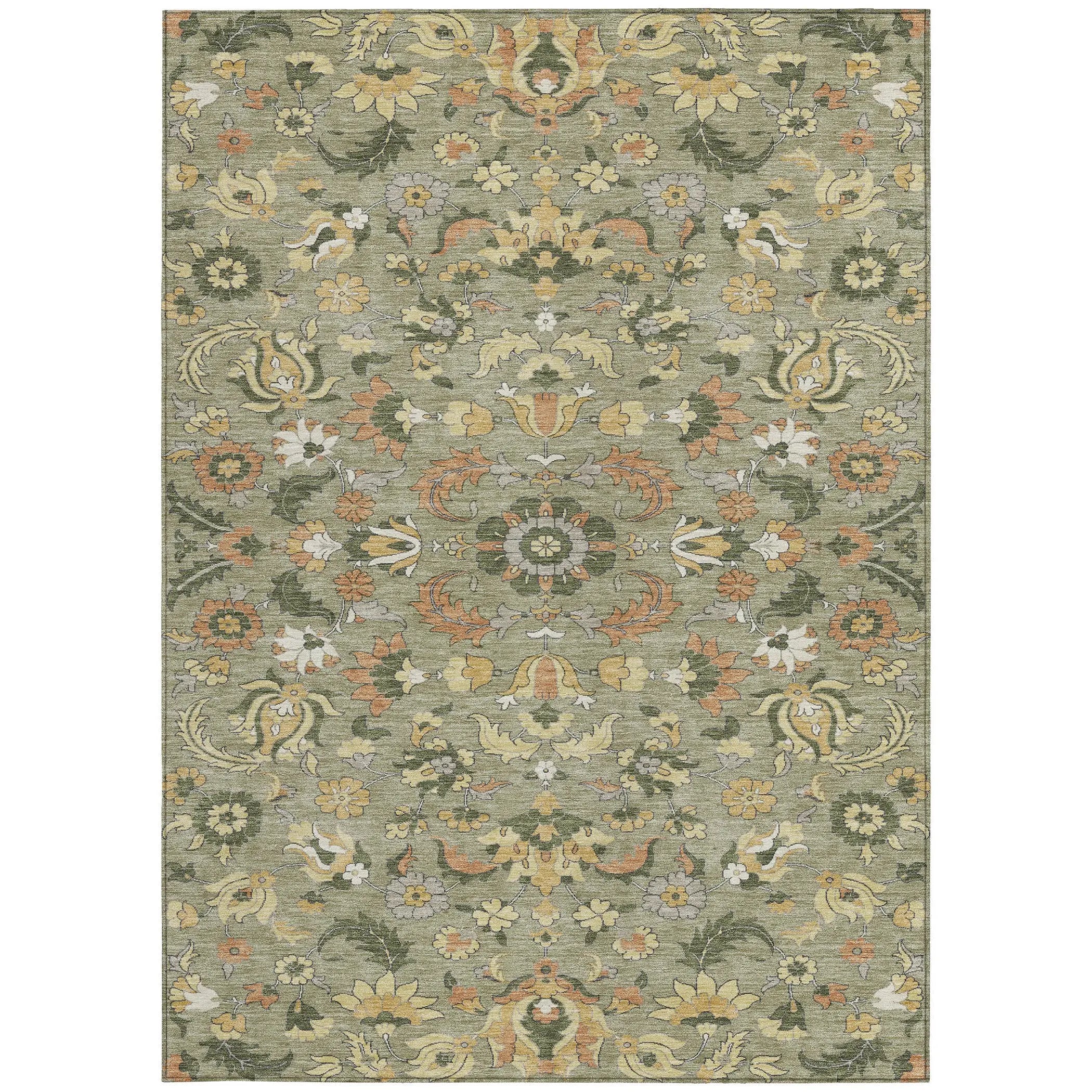 3' X 5' Sage And Olive Green Floral Medallion Washable Indoor Outdoor Area Rug Homeroots Outdoor