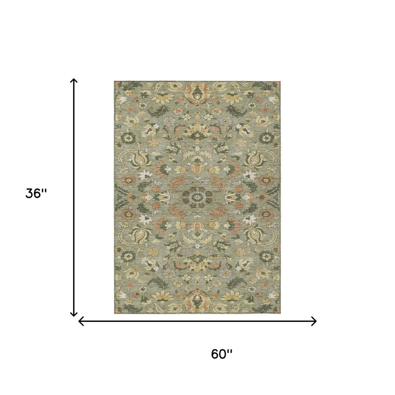 3' X 5' Sage And Olive Green Floral Medallion Washable Indoor Outdoor Area Rug Homeroots Outdoor