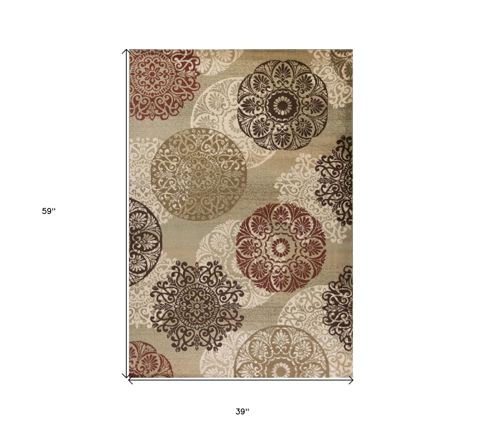 3' X 5' Sage Brown And Ivory Floral Medallion Area Rug Homeroots Home Decor