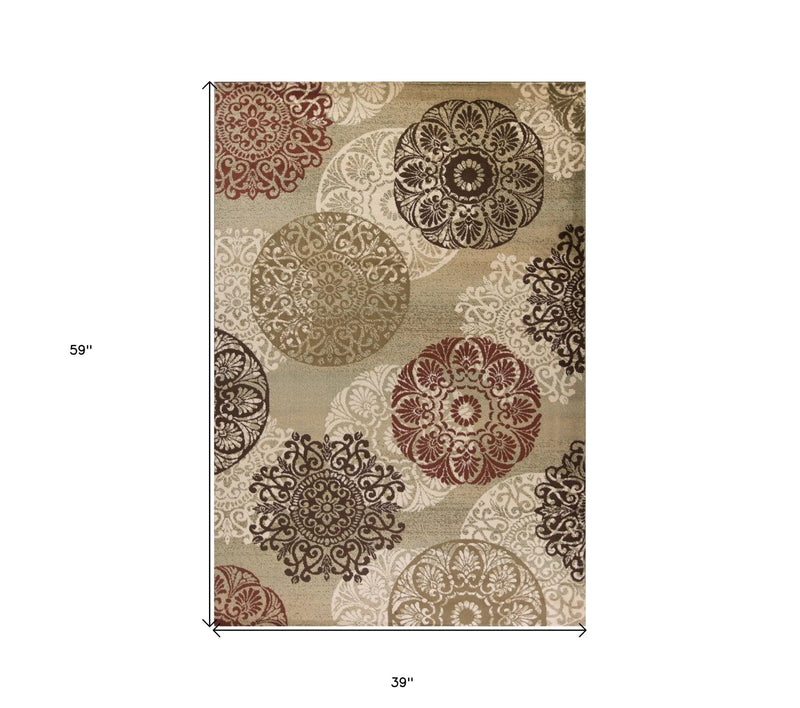 3' X 5' Sage Brown And Ivory Floral Medallion Area Rug Homeroots Home Decor