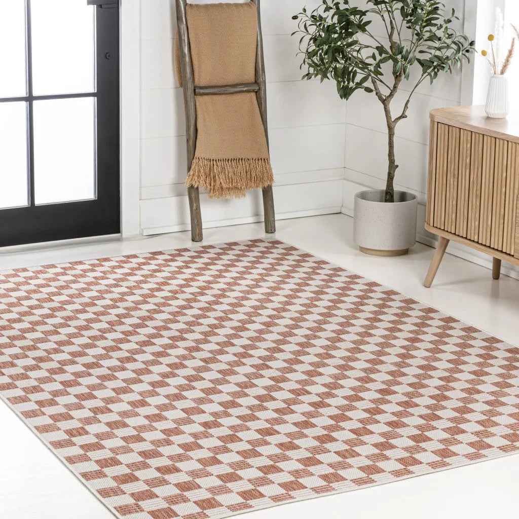 3' X 5' Salmon And Cream Geometric Indoor Outdoor Area Rug - GreatEagleInc