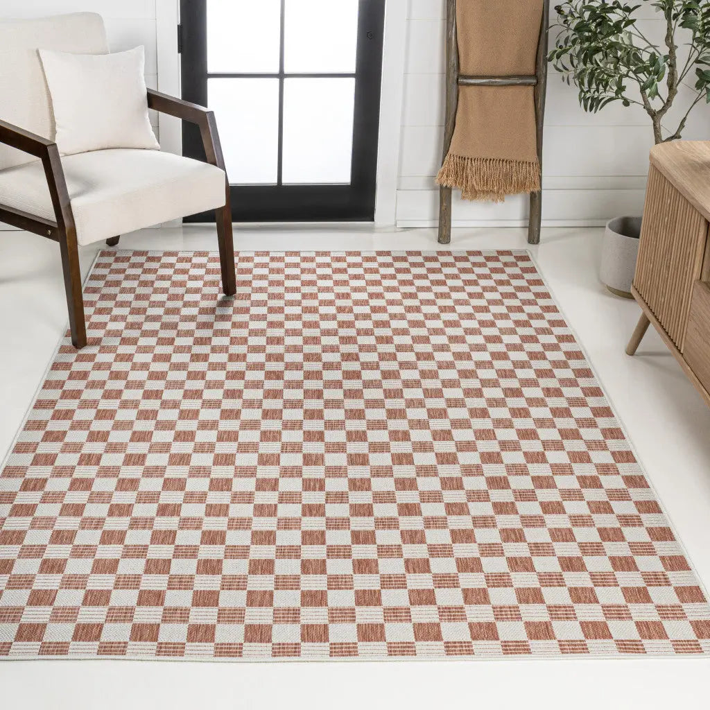 3' X 5' Salmon And Cream Geometric Indoor Outdoor Area Rug - GreatEagleInc