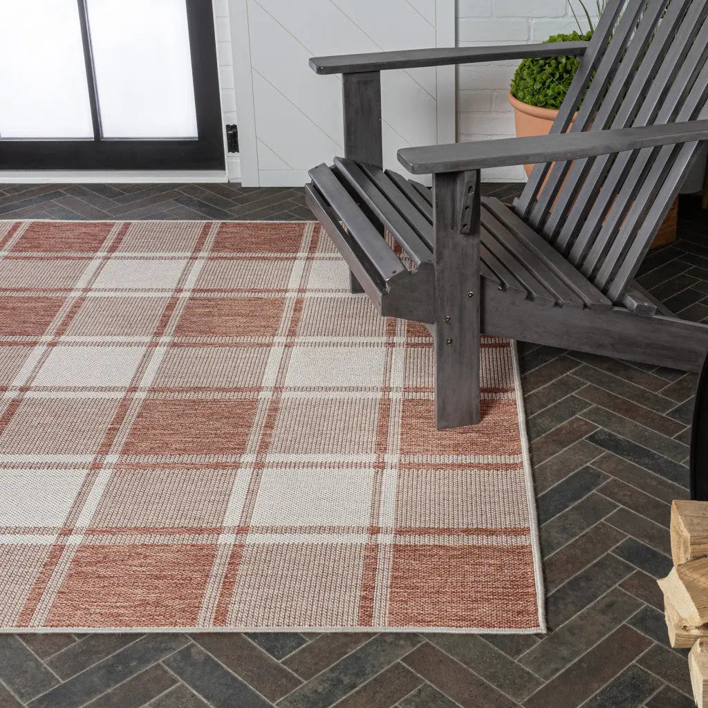 3' X 5' Salmon And Cream Gingham Indoor Outdoor Area Rug - GreatEagleInc