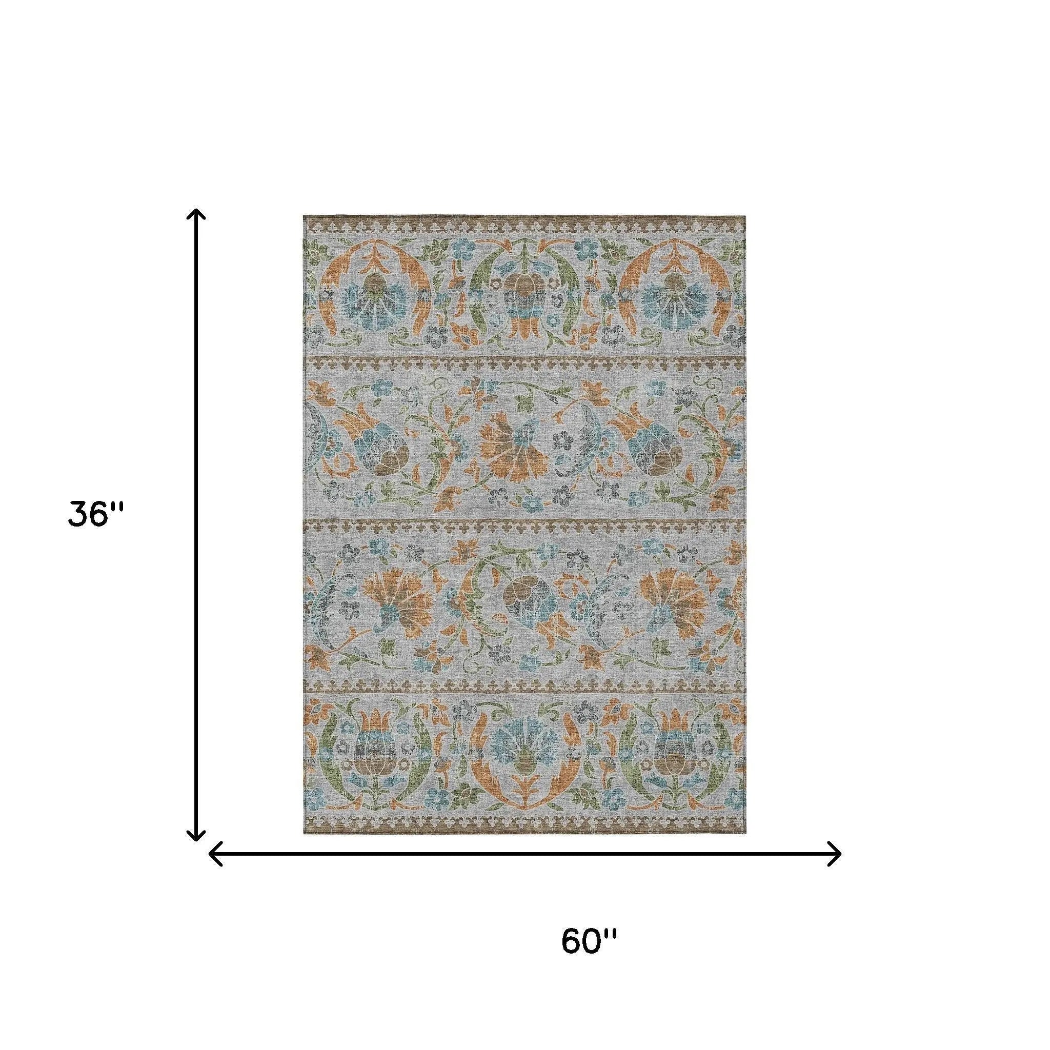 3' X 5' Silver And Brown Floral Washable Indoor Outdoor Area Rug Homeroots Outdoor