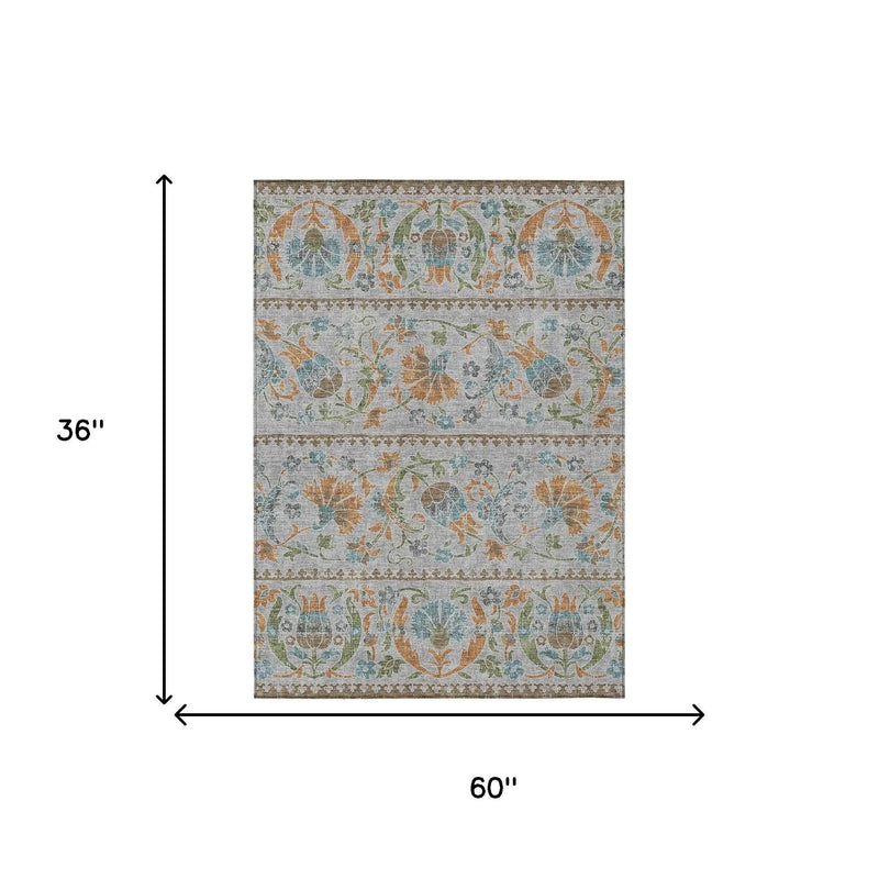 3' X 5' Silver And Brown Floral Washable Indoor Outdoor Area Rug Homeroots Outdoor