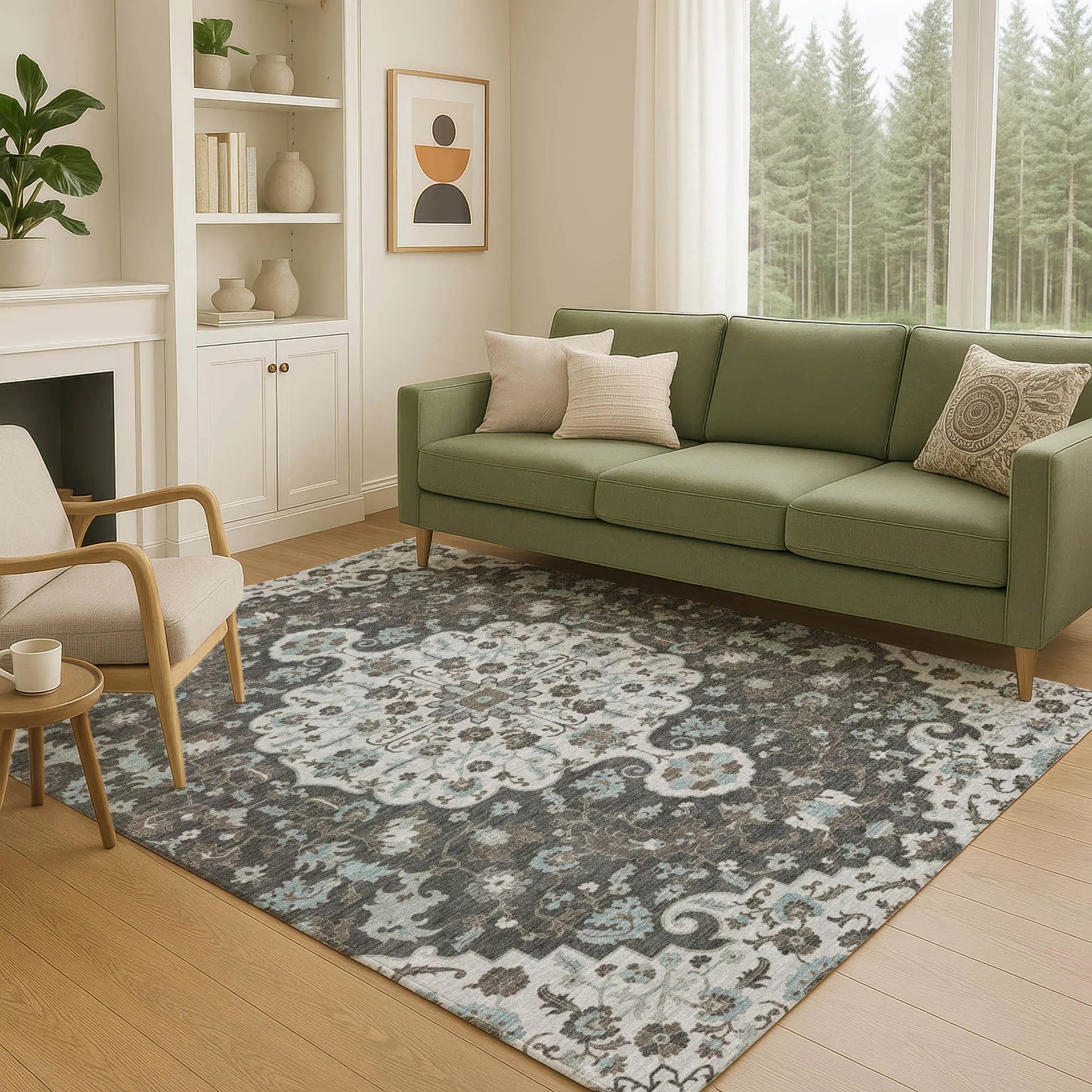 3' X 5' Silver And Charcoal Floral Medallion Washable Indoor Outdoor Area Rug Homeroots Outdoor