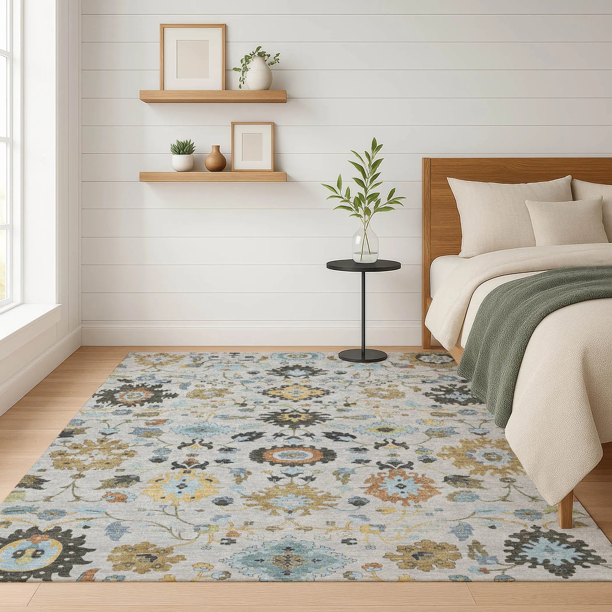 3' X 5' Silver And Charcoal Floral Medallion Washable Indoor Outdoor Area Rug Homeroots Outdoor