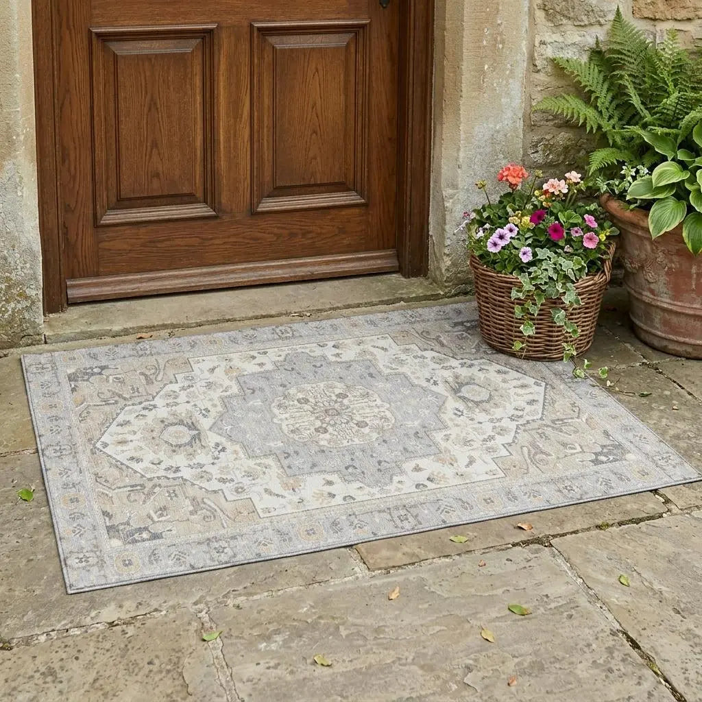 3' X 5' Silver And Fern Green Oriental Washable Indoor Outdoor Area Rug Homeroots Outdoor