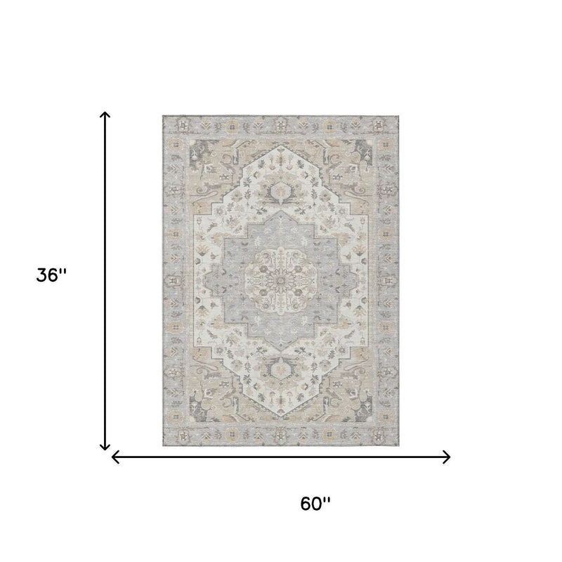 3' X 5' Silver And Fern Green Oriental Washable Indoor Outdoor Area Rug Homeroots Outdoor