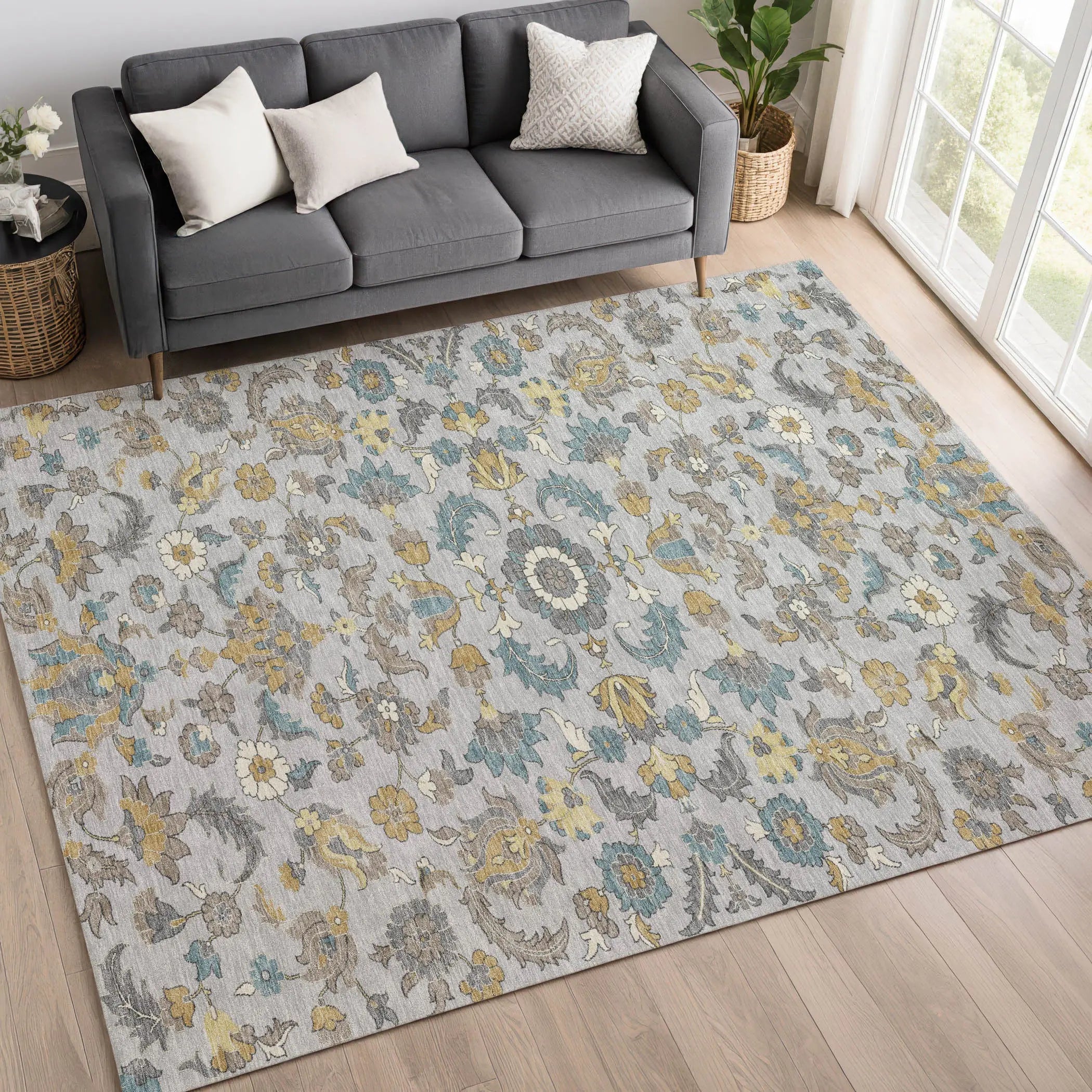3' X 5' Silver And Gray Floral Medallion Washable Indoor Outdoor Area Rug Homeroots Outdoor