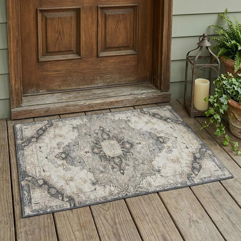 3' X 5' Silver And Gray Floral Medallion Washable Indoor Outdoor Area Rug Homeroots Outdoor