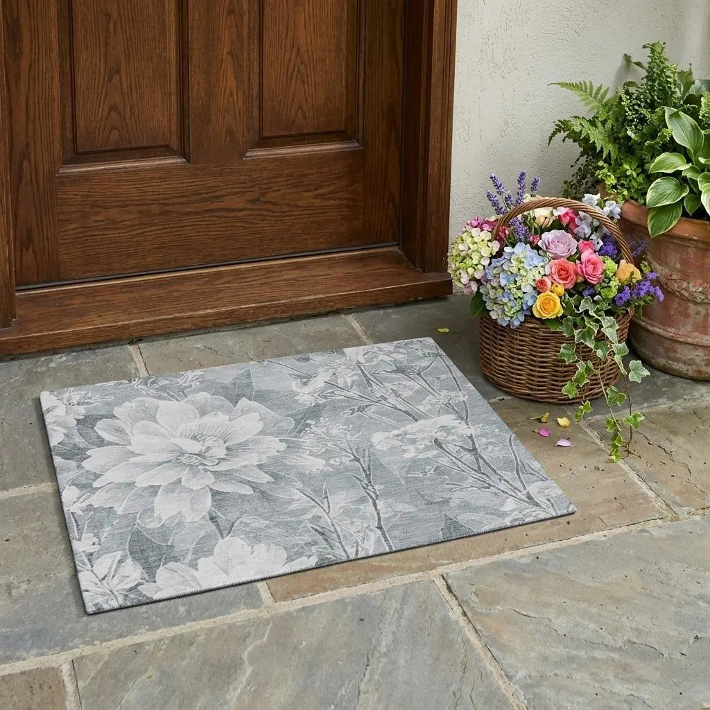 3' X 5' Silver And Gray Floral Washable Indoor Outdoor Area Rug Homeroots Outdoor