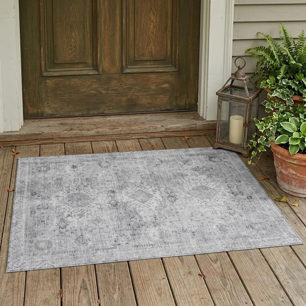 3' X 5' Silver And Gray Oriental Washable Indoor Outdoor Area Rug Homeroots Outdoor