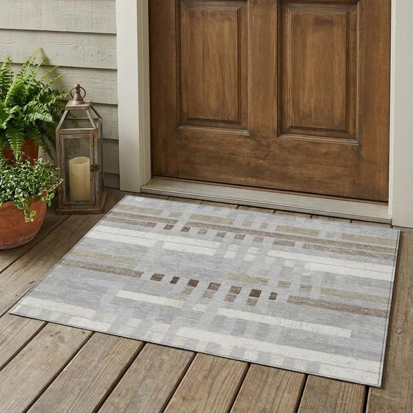 3' X 5' Silver And Gray Striped Washable Indoor Outdoor Area Rug Homeroots Outdoor