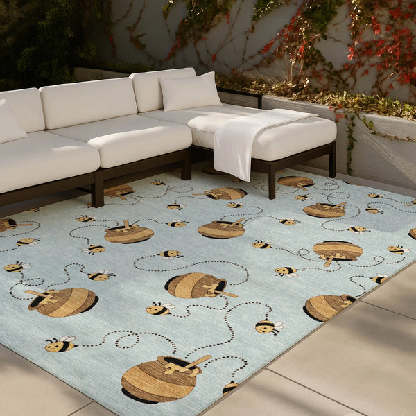 3' X 5' Sky Blue And Beige Geometric Washable Indoor Outdoor Area Rug Homeroots Outdoor