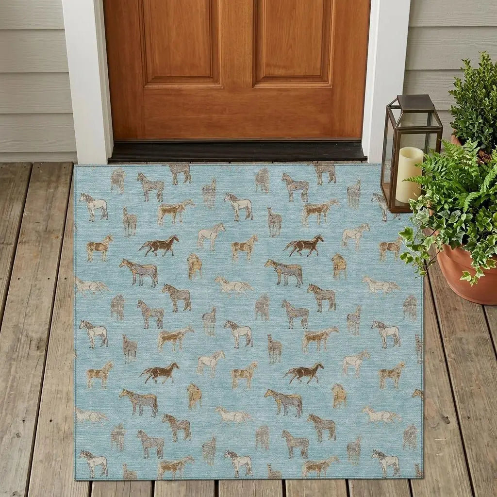 3' X 5' Sky Blue And Beige Horse Washable Indoor Outdoor Area Rug Homeroots Outdoor