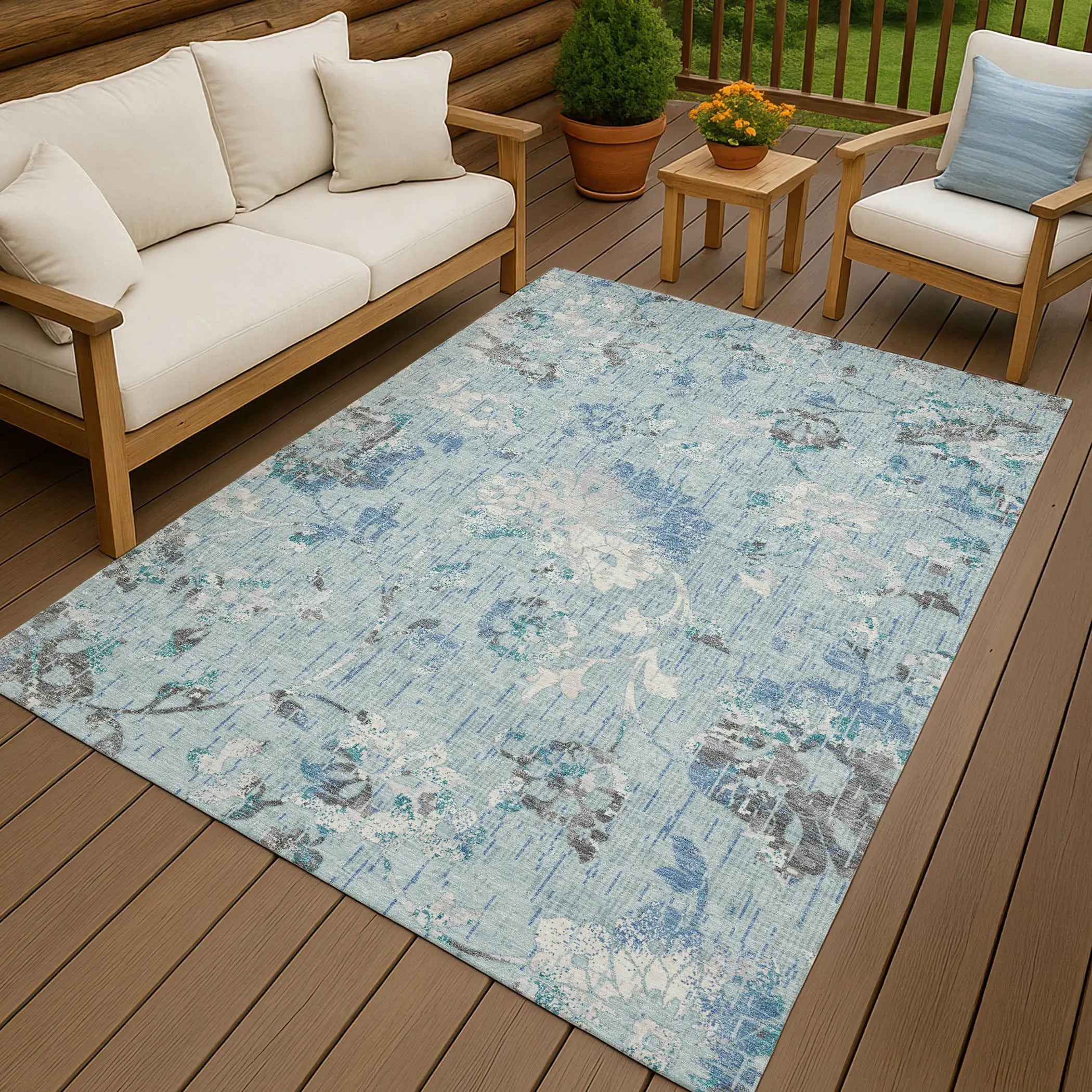3' X 5' Sky Blue And Blue Floral Washable Indoor Outdoor Area Rug Homeroots Outdoor