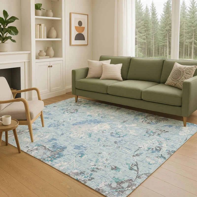 3' X 5' Sky Blue And Blue Floral Washable Indoor Outdoor Area Rug Homeroots Outdoor
