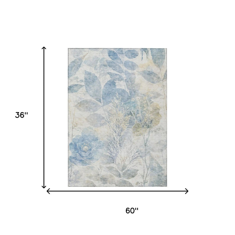 3' X 5' Sky Blue And Blue Floral Washable Indoor Outdoor Area Rug Homeroots Outdoor