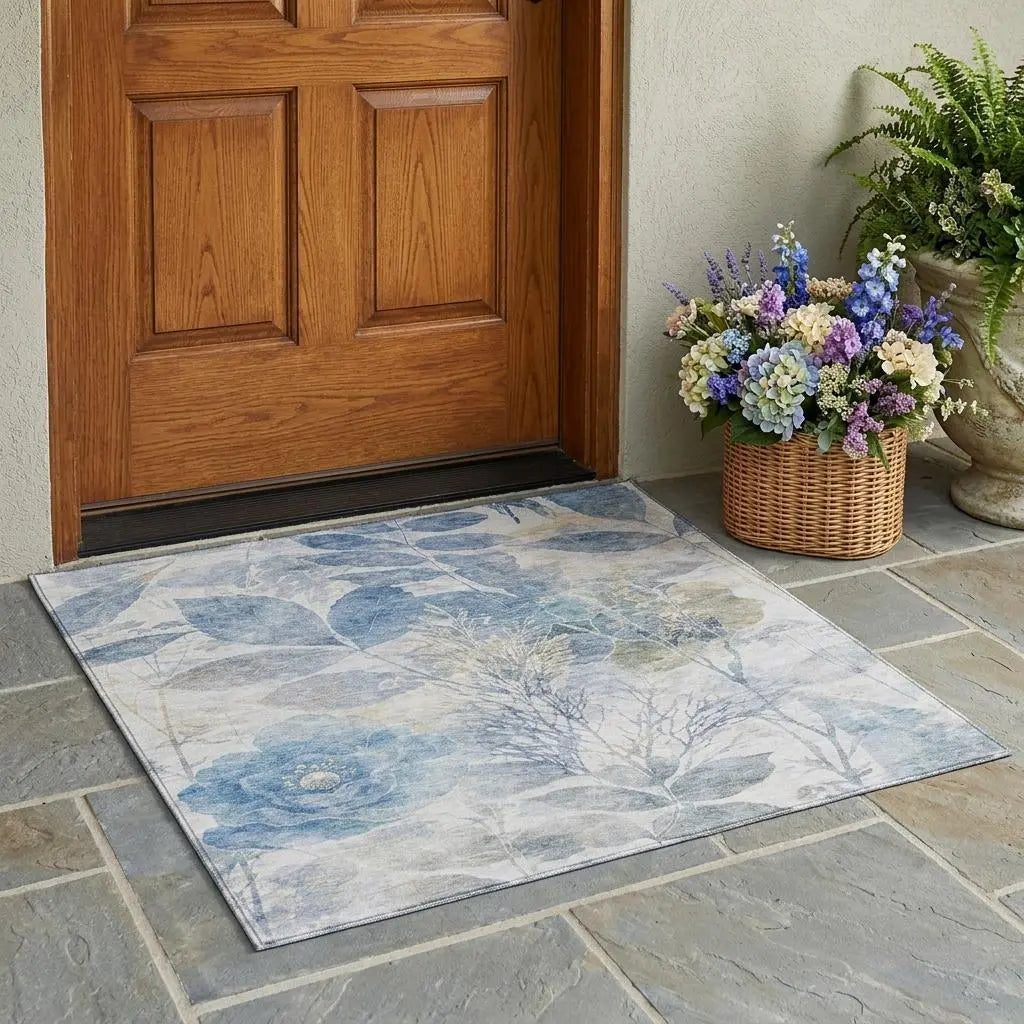3' X 5' Sky Blue And Blue Floral Washable Indoor Outdoor Area Rug Homeroots Outdoor