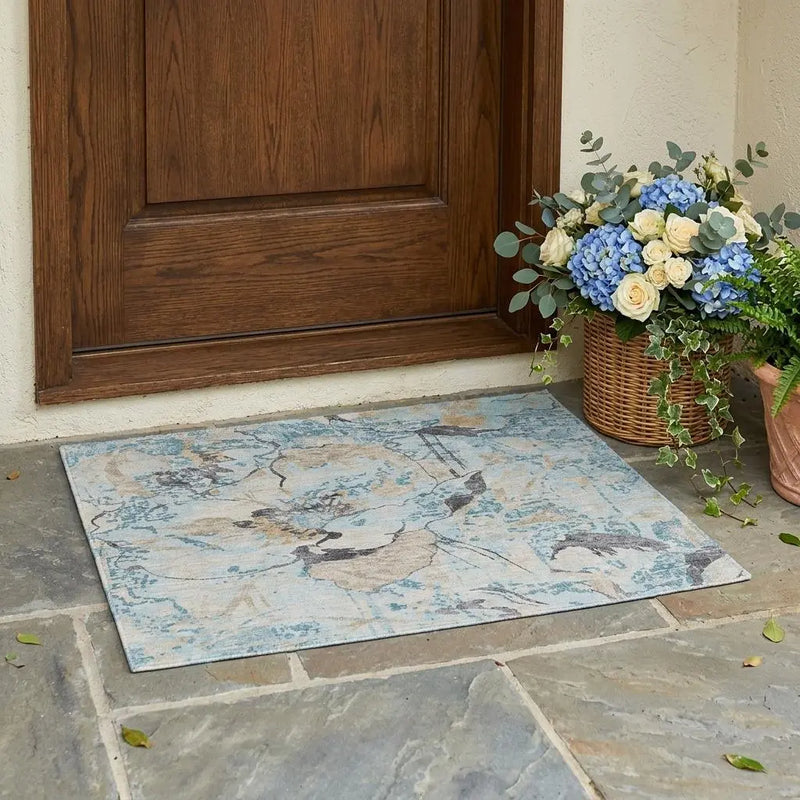 3' X 5' Sky Blue And Blue Floral Washable Indoor Outdoor Area Rug Homeroots Outdoor