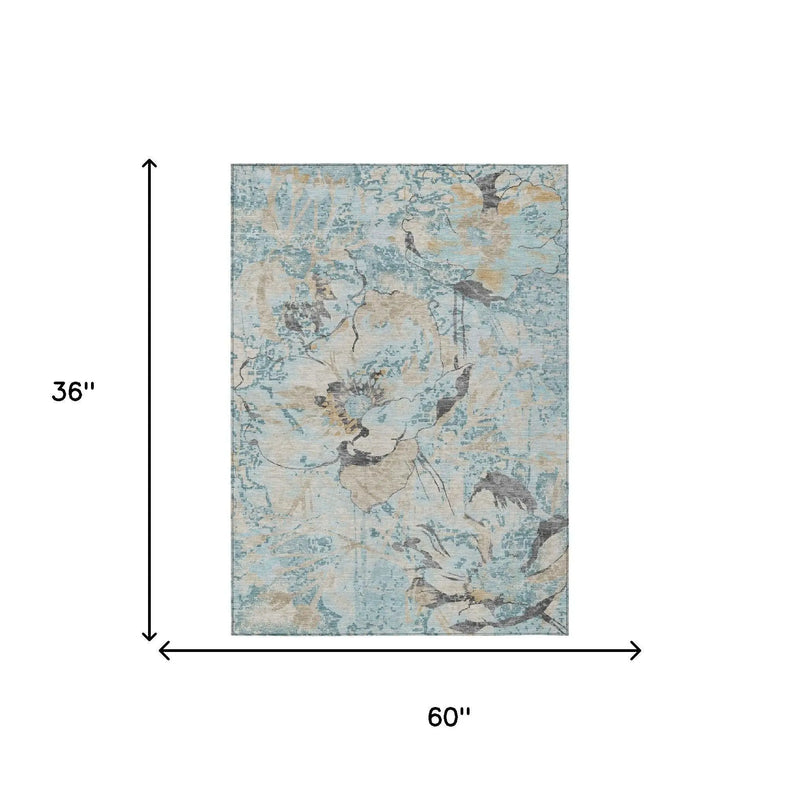 3' X 5' Sky Blue And Blue Floral Washable Indoor Outdoor Area Rug Homeroots Outdoor