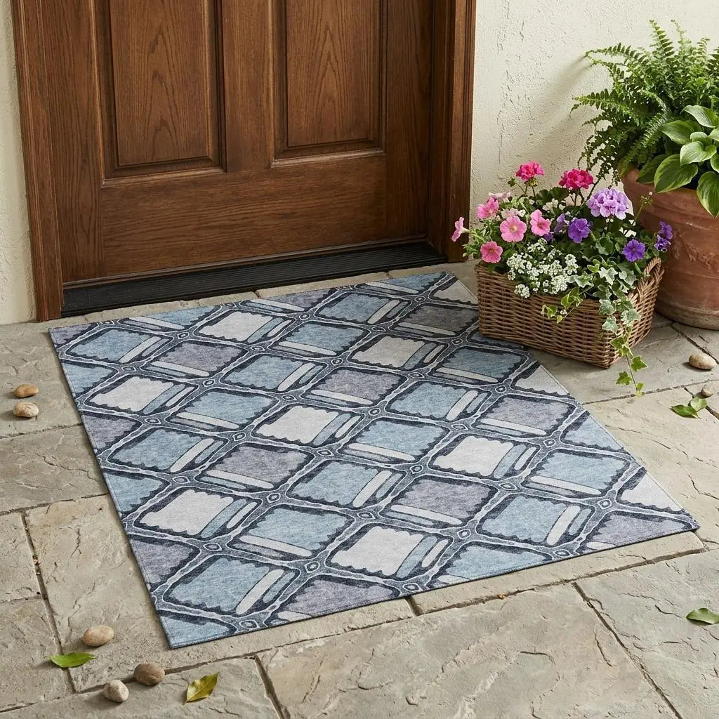3' X 5' Sky Blue And Blue Geometric Washable Indoor Outdoor Area Rug Homeroots Outdoor