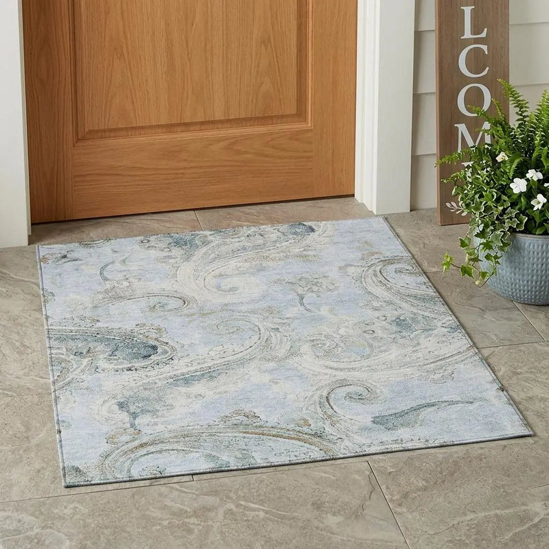 3' X 5' Sky Blue And Blue Paisley Washable Indoor Outdoor Area Rug Homeroots Outdoor