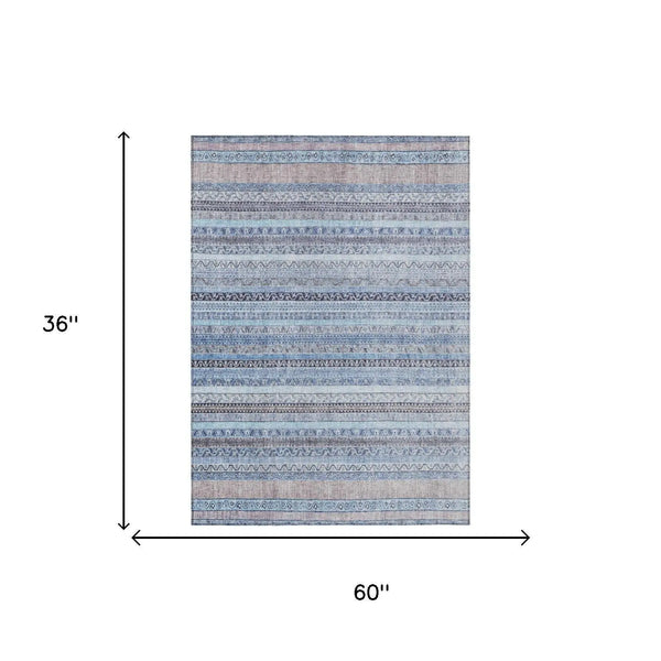 3' X 5' Sky Blue And Blue Striped Washable Indoor Outdoor Area Rug Homeroots Outdoor