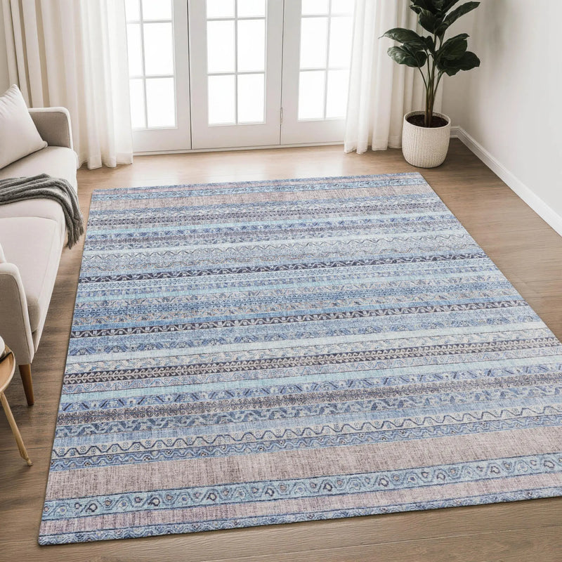 3' X 5' Sky Blue And Blue Striped Washable Indoor Outdoor Area Rug Homeroots Outdoor