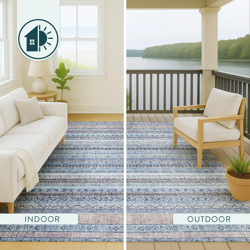 3' X 5' Sky Blue And Blue Striped Washable Indoor Outdoor Area Rug Homeroots Outdoor
