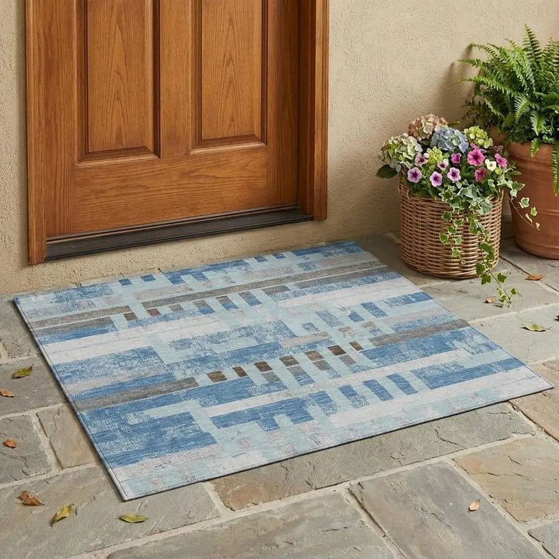 3' X 5' Sky Blue And Blue Striped Washable Indoor Outdoor Area Rug Homeroots Outdoor