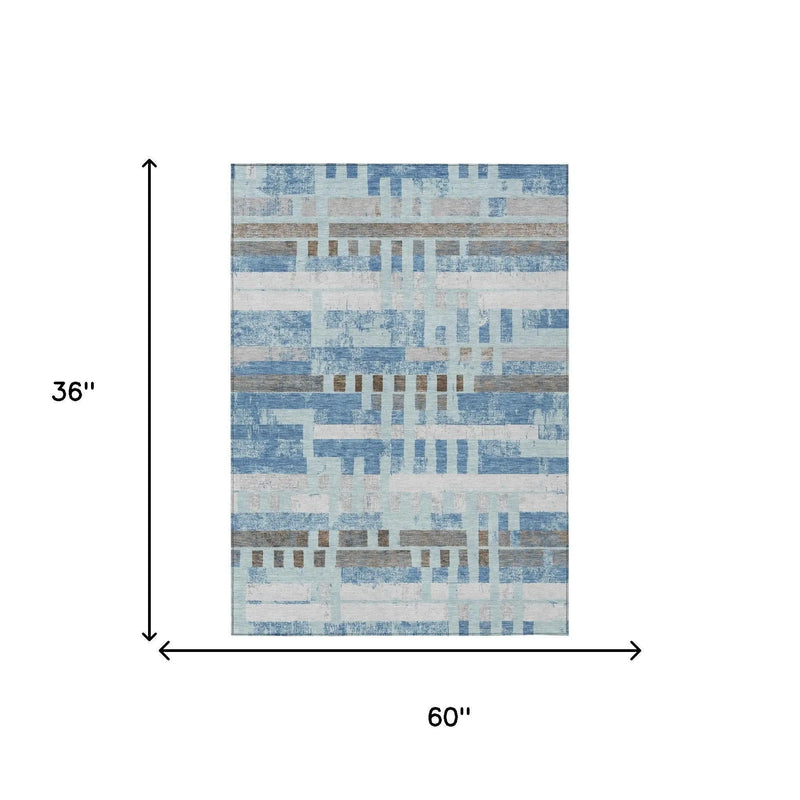 3' X 5' Sky Blue And Blue Striped Washable Indoor Outdoor Area Rug Homeroots Outdoor