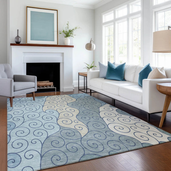 3' X 5' Sky Blue And Denim Blue Abstract Washable Indoor Outdoor Area Rug Homeroots Outdoor