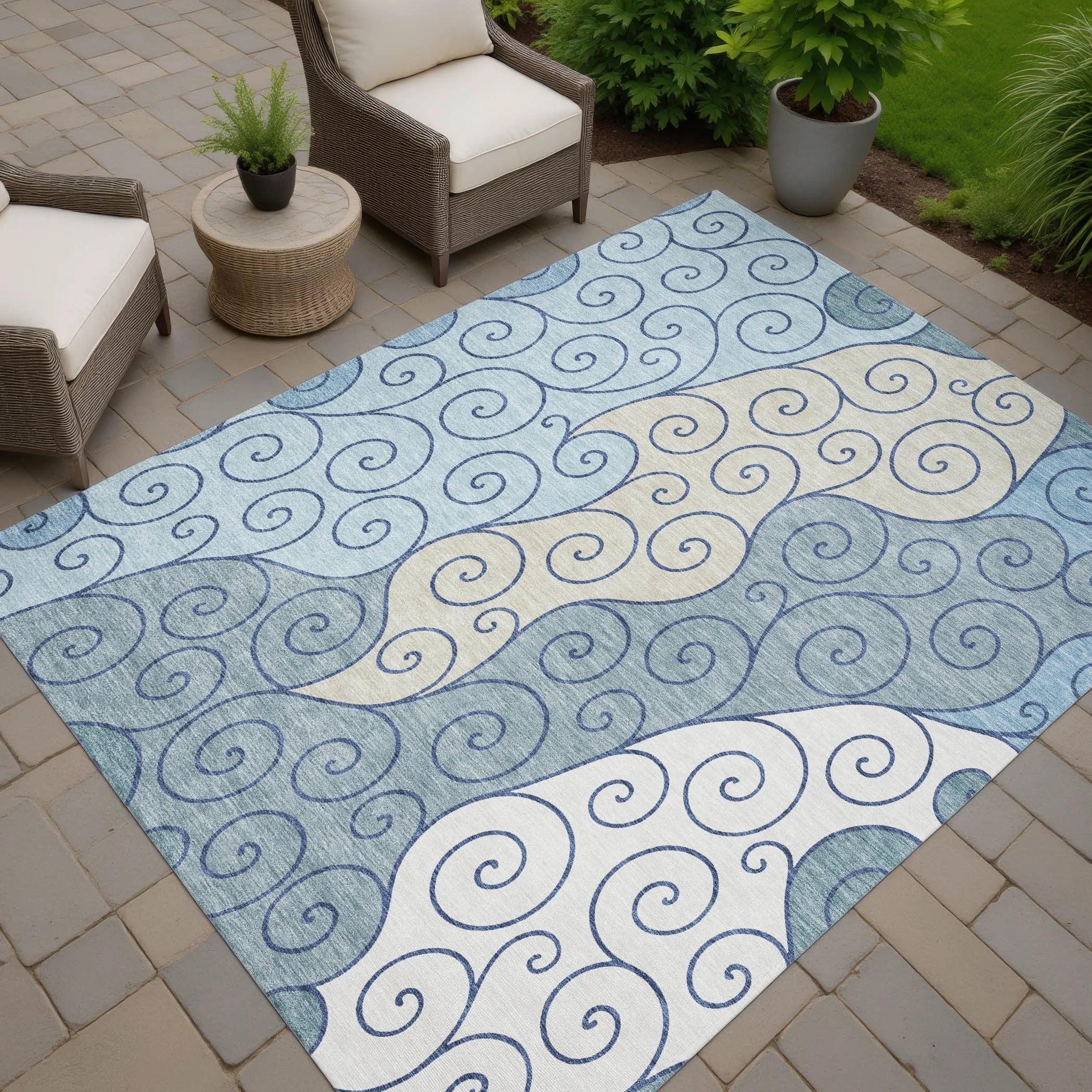 3' X 5' Sky Blue And Denim Blue Abstract Washable Indoor Outdoor Area Rug Homeroots Outdoor