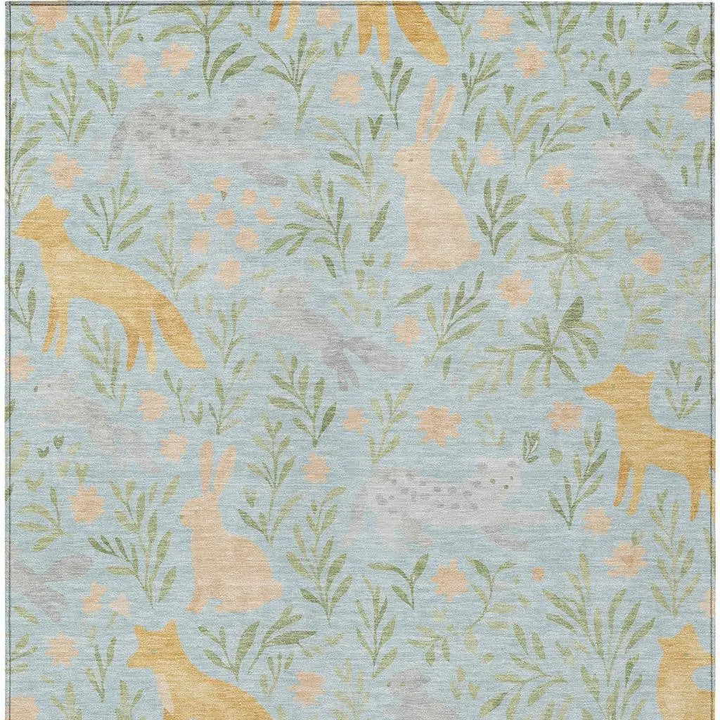 3' X 5' Sky Blue And Green Botanical Leaves Washable Indoor Outdoor Area Rug Homeroots Outdoor