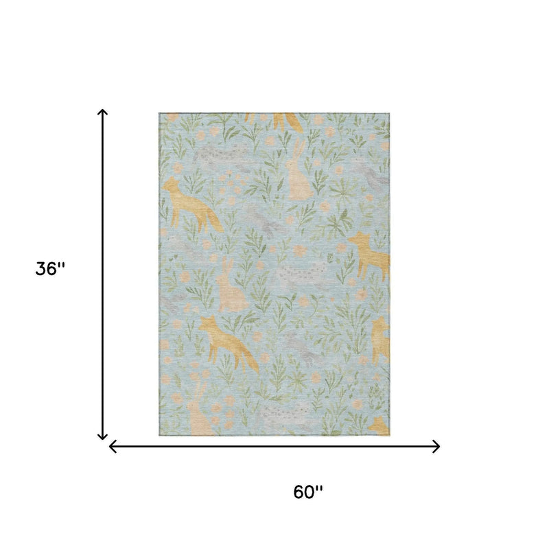 3' X 5' Sky Blue And Green Botanical Leaves Washable Indoor Outdoor Area Rug Homeroots Outdoor
