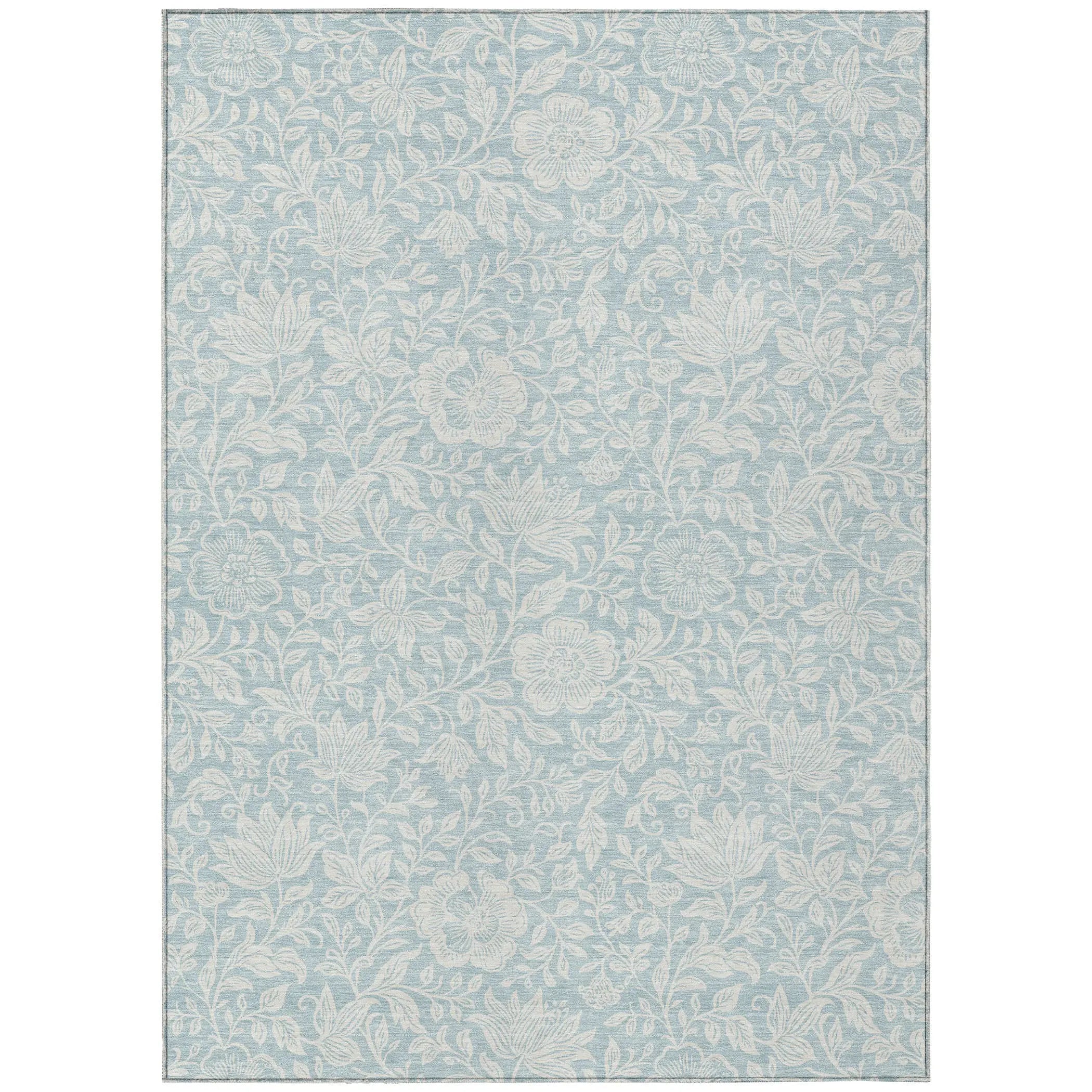 Light blue floral patterned area rug with intricate white design, perfect for adding elegance to any room.
