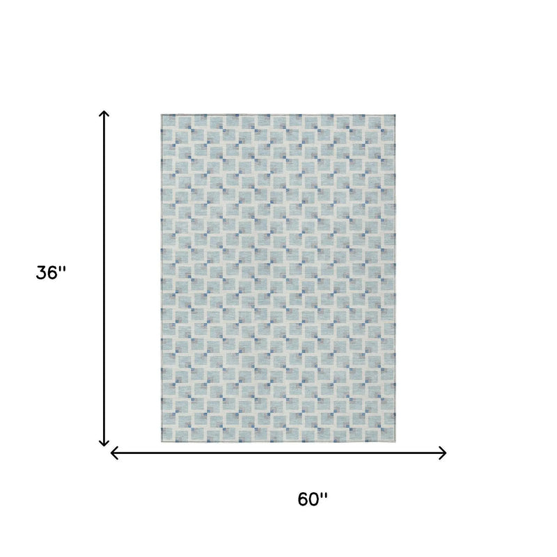 3' X 5' Sky Blue And Ivory Geometric Washable Indoor Outdoor Area Rug Homeroots Outdoor