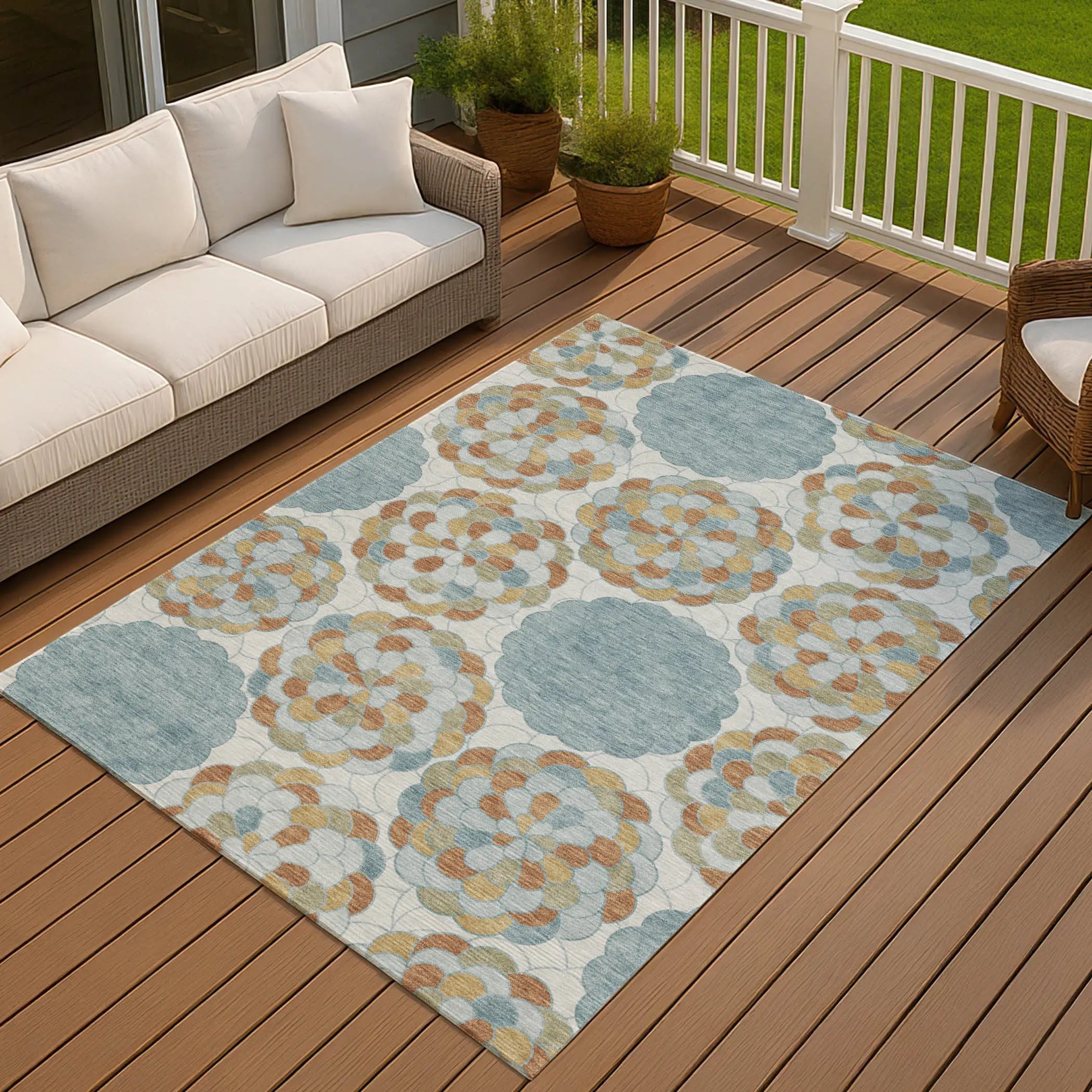 3' X 5' Sky Blue And Orange Floral Washable Indoor Outdoor Area Rug Homeroots Outdoor