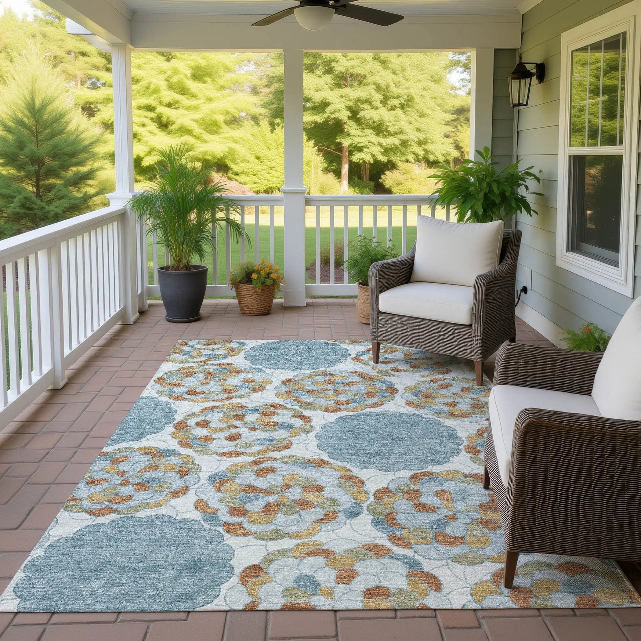 3' X 5' Sky Blue And Orange Floral Washable Indoor Outdoor Area Rug Homeroots Outdoor