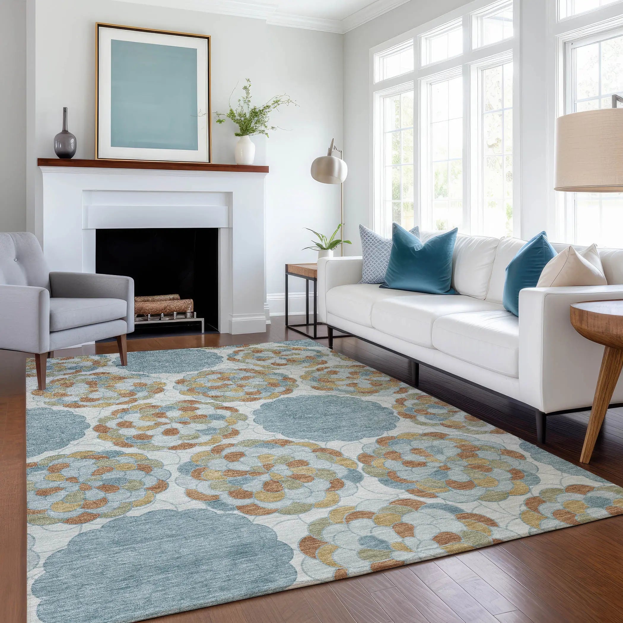 3' X 5' Sky Blue And Orange Floral Washable Indoor Outdoor Area Rug Homeroots Outdoor