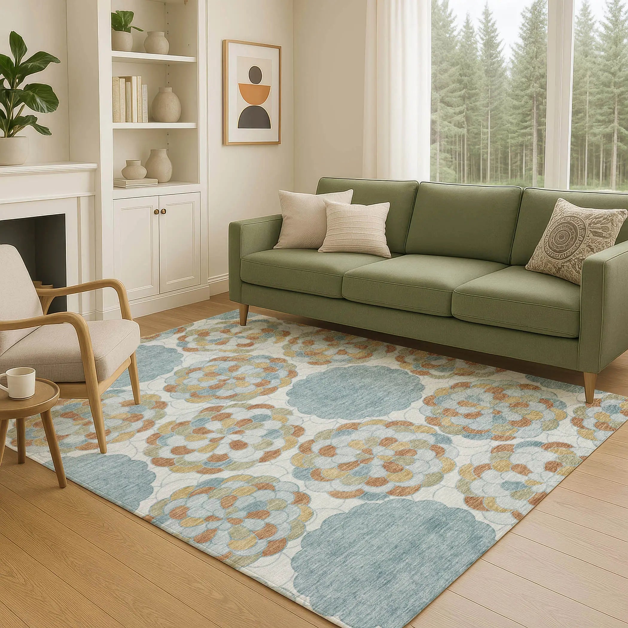 3' X 5' Sky Blue And Orange Floral Washable Indoor Outdoor Area Rug Homeroots Outdoor