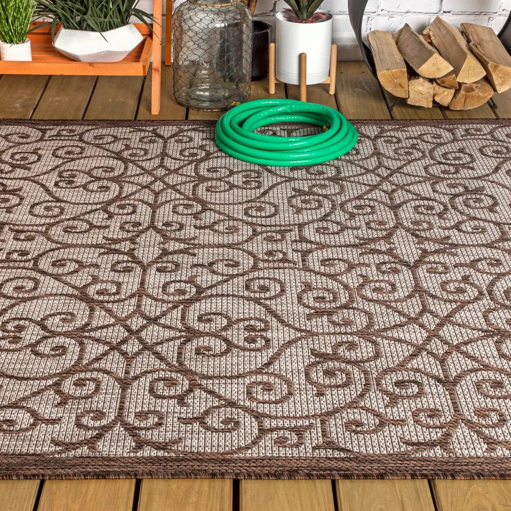 3' X 5' Taupe And Espresso Geometric Indoor Outdoor Area Rug Homeroots Outdoor
