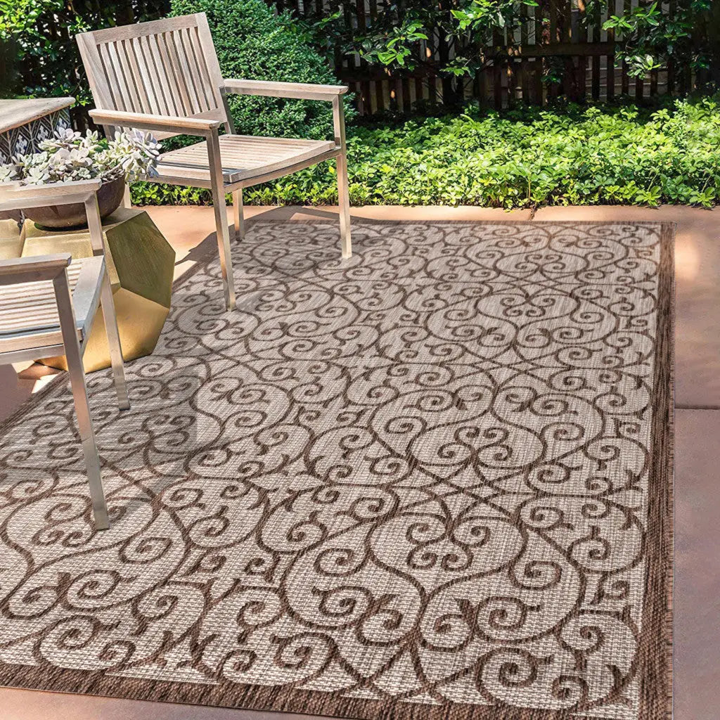 3' X 5' Taupe And Espresso Geometric Indoor Outdoor Area Rug Homeroots Outdoor