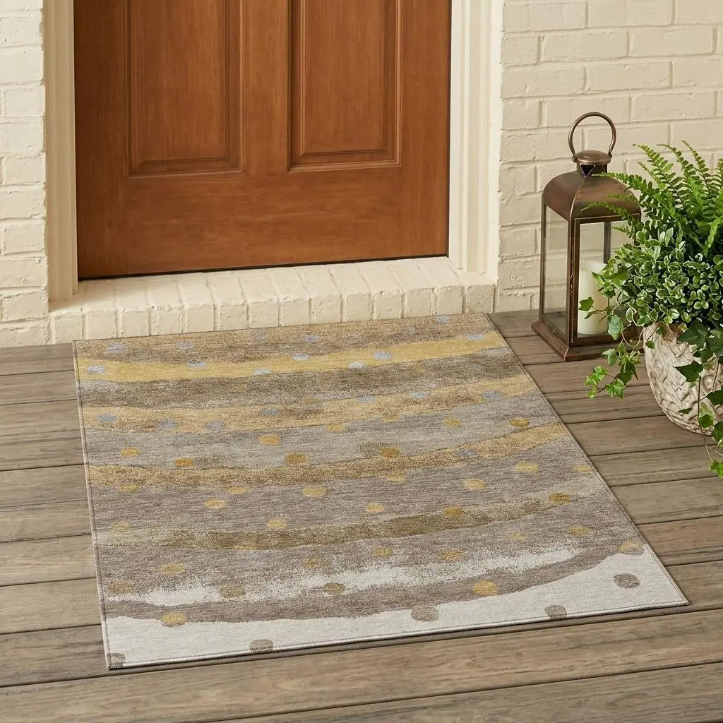 3' X 5' Taupe And Gold Striped Washable Indoor Outdoor Area Rug Homeroots Outdoor