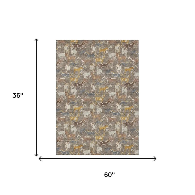 3' X 5' Taupe And Gray Horse Washable Indoor Outdoor Area Rug Homeroots Outdoor