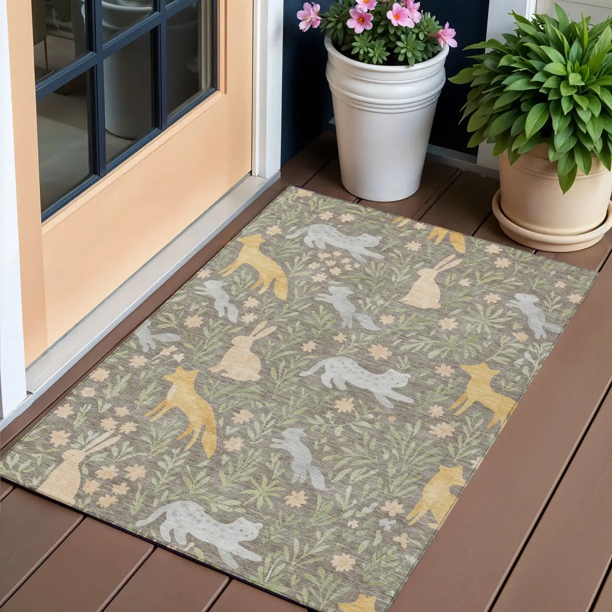 3' X 5' Taupe And Green Forest Animals And Botanical Leaves Washable Area Rug Homeroots Outdoor